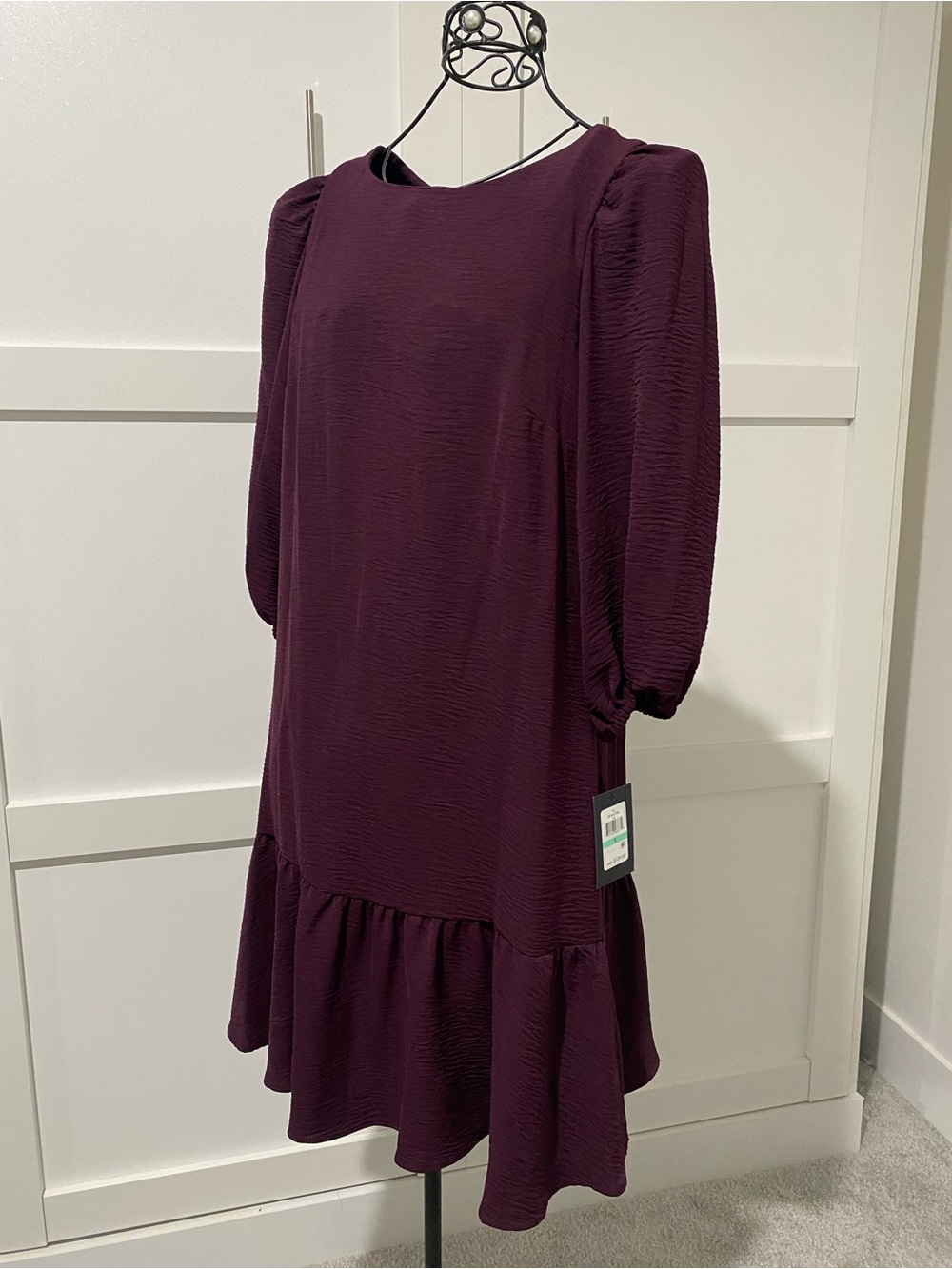 DKNY Plum Textured Puff-Sleeve Midi Dress